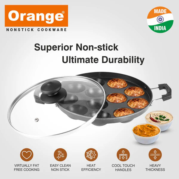 Orange Appam Pan With Glass Lid