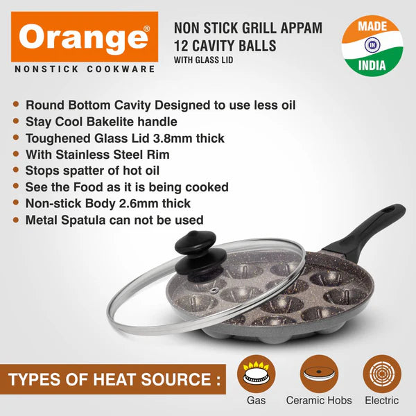 Orange Appam Pan Grill With Glass Lid