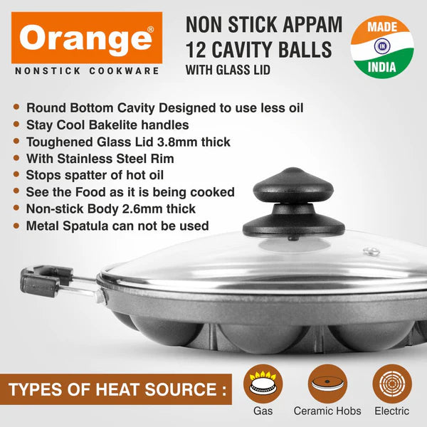 Orange Appam Pan With Glass Lid