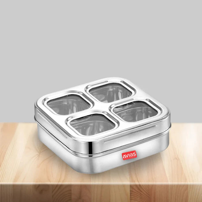 AVIAS 4 Square Stainless Steel Spice Box/ Dry Fruit Box (Design)