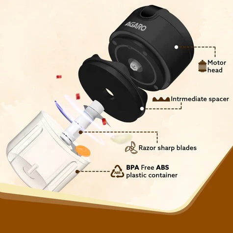 Agaro Elite Rechargeable Mini Electric Chopper, 250 Ml, Black