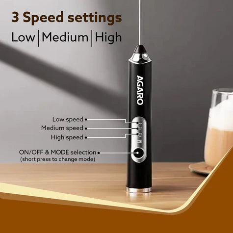 Agaro Royal Milk Frother, 3-Speed Electric Frother for Coffee with Whisk and Frother, Frother Mixer, Stand-up Design, for Cream (Whisk Milk frother), Rechargeable, Stainless Steel
