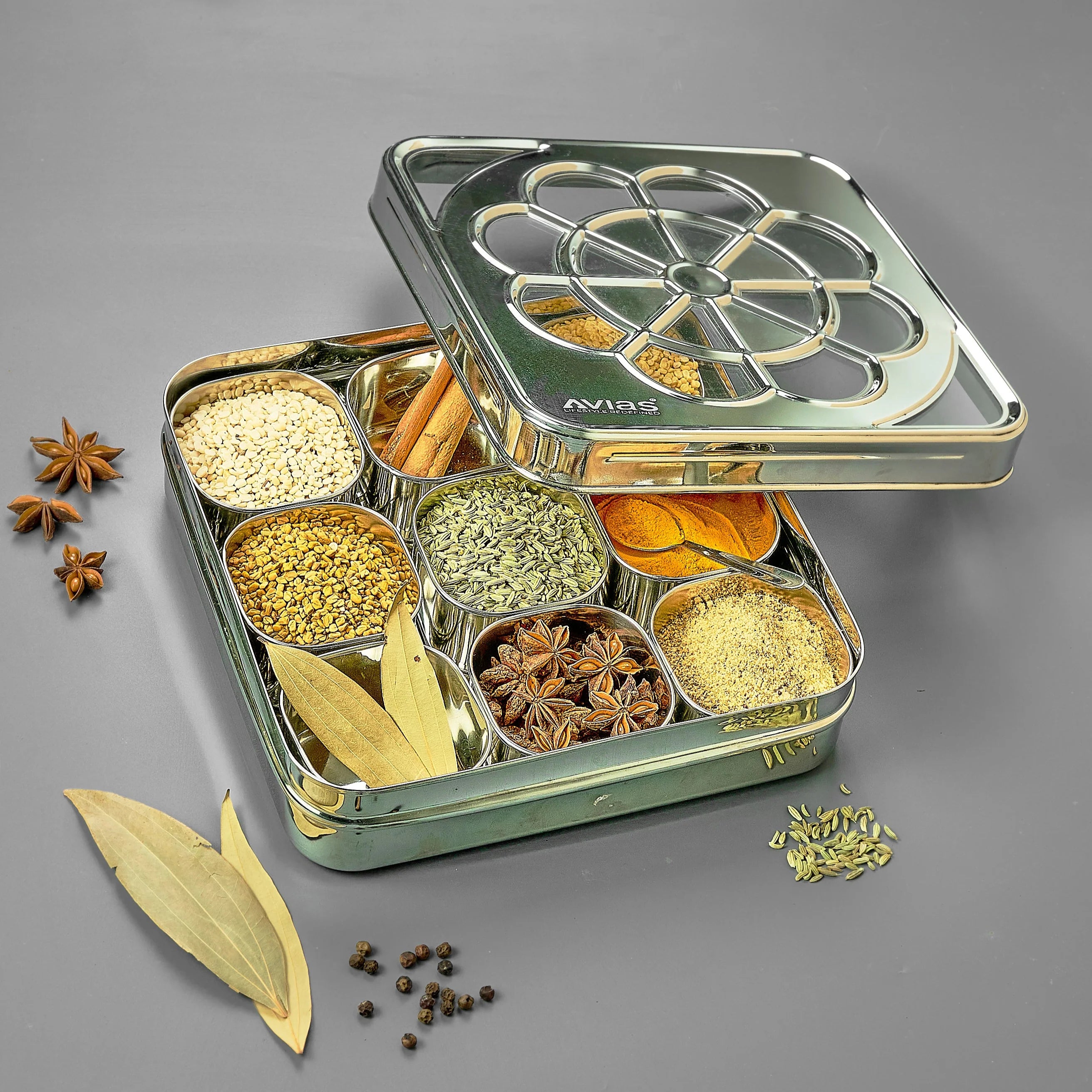 AVIAS Flora 9 square Premium quality Stainless steel  Spice box