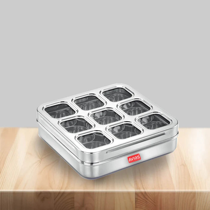 AVIAS Stainless Steel Spice Box with 9 Square (Design) Large