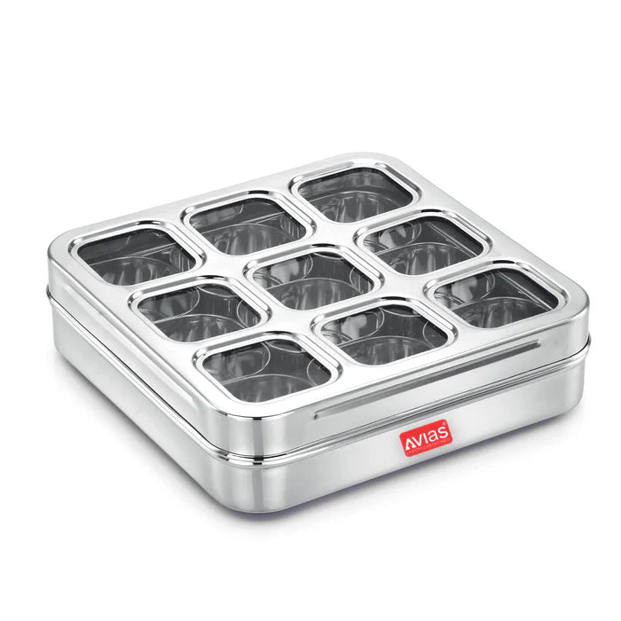 AVIAS Stainless Steel Spice Box with 9 Square (Design) Large