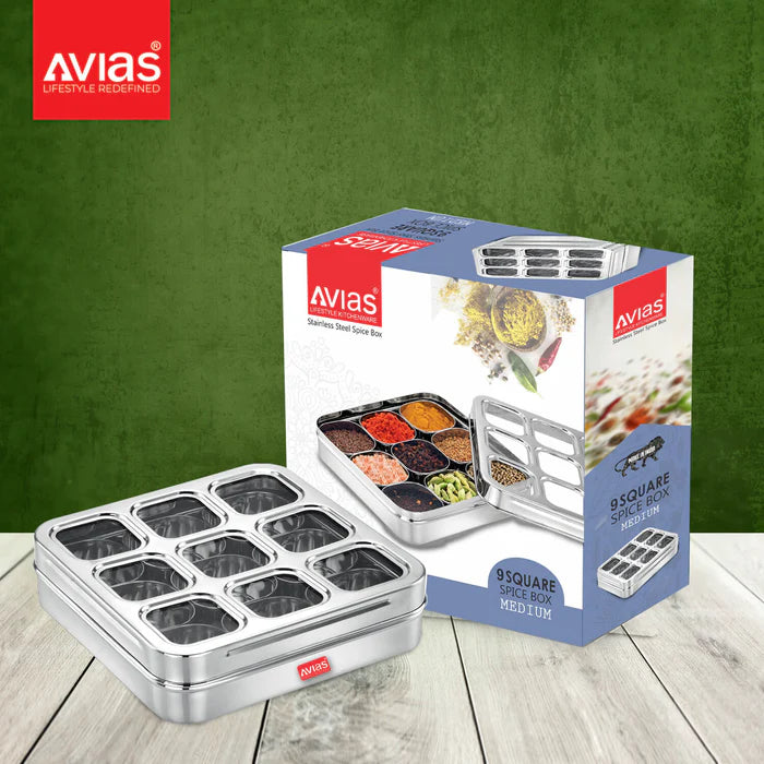 AVIAS Stainless Steel Spice Box with 9 Square (Design) Large