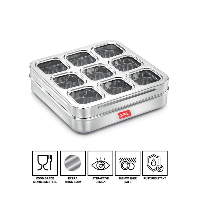 AVIAS Stainless Steel Spice Box with 9 Square (Design) Large