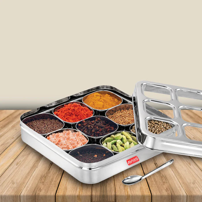 AVIAS Stainless Steel Spice Box with 9 Square (Design) Large