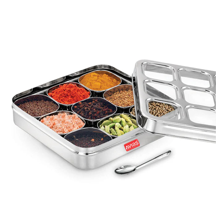 AVIAS Stainless Steel Spice Box with 9 Square (Design) Large