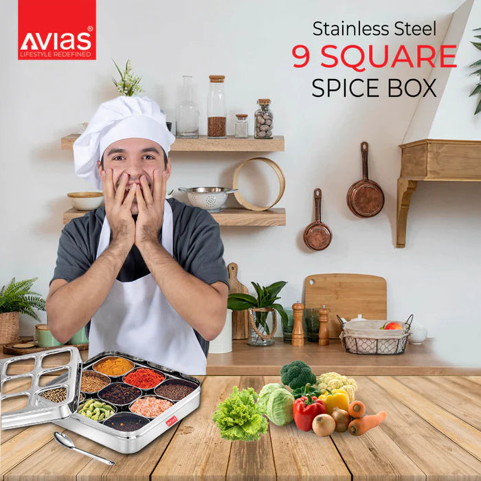 AVIAS Stainless Steel Spice Box with 9 Square (Design) Large