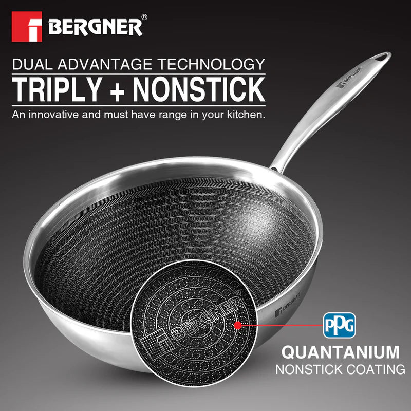 Bergner Hi Tech TRI PLY Stainless Steel Non Stick Wok