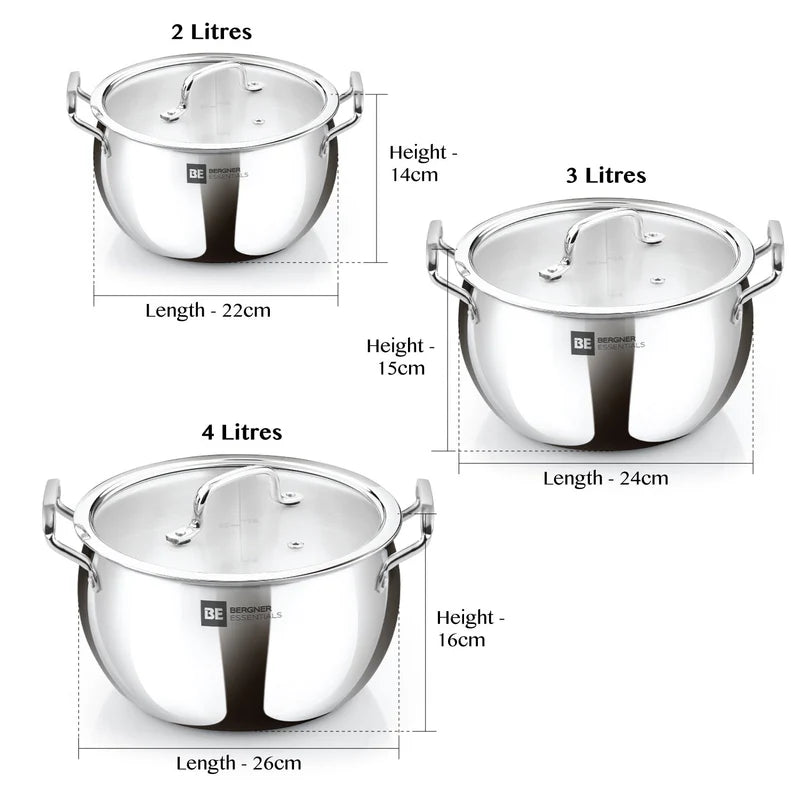 BE Essentials Tri-Ply Stainless Steel 3 Pcs Rice Handi Set