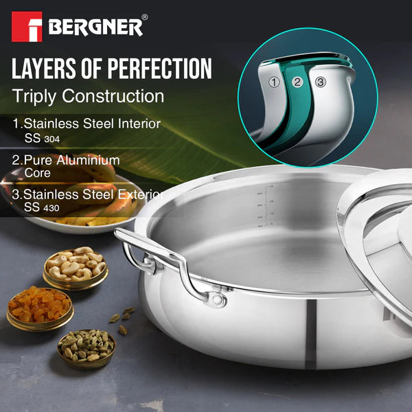 Bergner Argent Samsara Tri-Ply Stainless Steel 28 cm (4.25 L) Biryani Handi