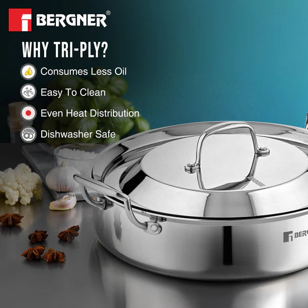 Bergner Argent Samsara Tri-Ply Stainless Steel 28 cm (4.25 L) Biryani Handi