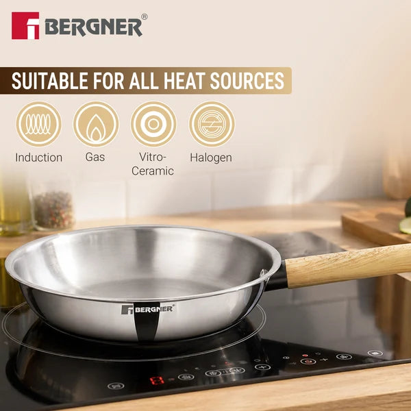 Bergner Tri-Oak Triply Stainless Steel Frypan Wooden Handle Induction 20 CM