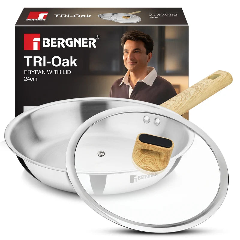 Bergner Tri-Oak Triply Stainless Steel Frypan with Glass Lid