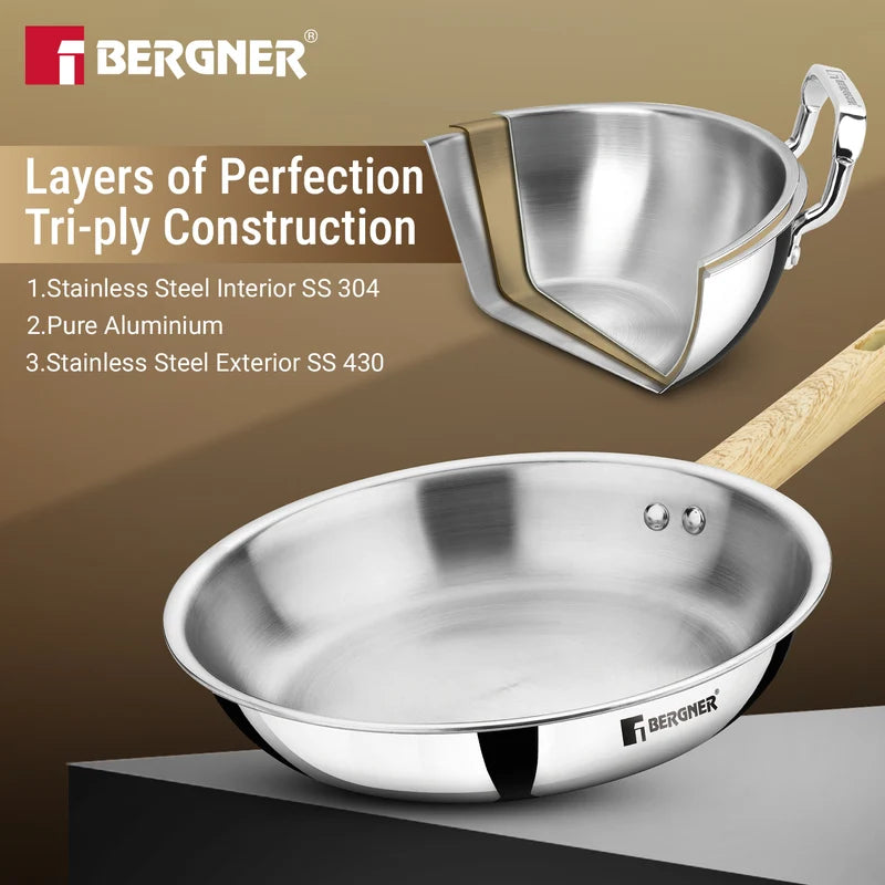 Bergner Tri-Oak Triply Stainless Steel Frypan with Glass Lid