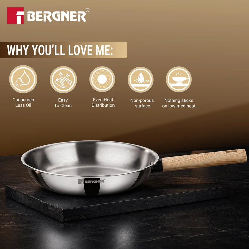 Bergner Tri-Oak Triply Stainless Steel Frypan with Glass Lid