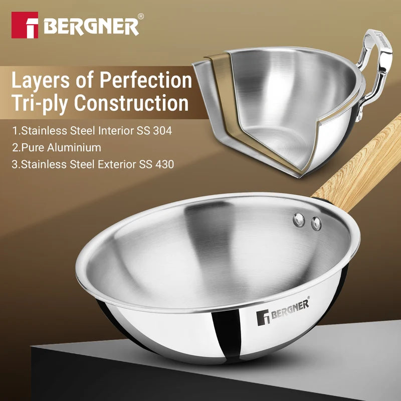 Bergner Tri-Oak Triply Stainless Steel Wok with Glass Lid 20cm