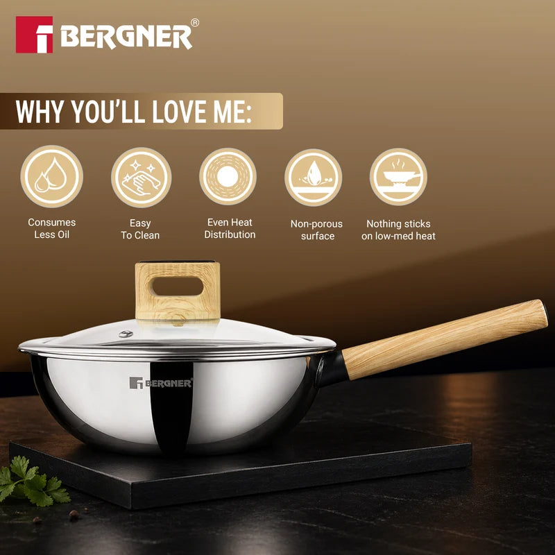 Bergner Tri-Oak Triply Stainless Steel Wok with Glass Lid 20cm