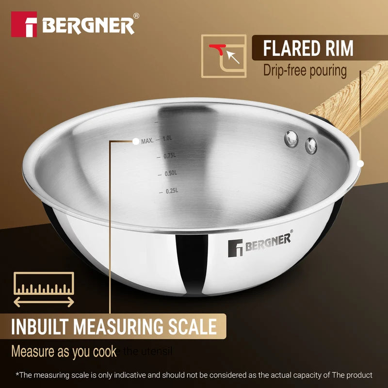 Bergner Tri-Oak Triply Stainless Steel Wok with Glass Lid 20cm