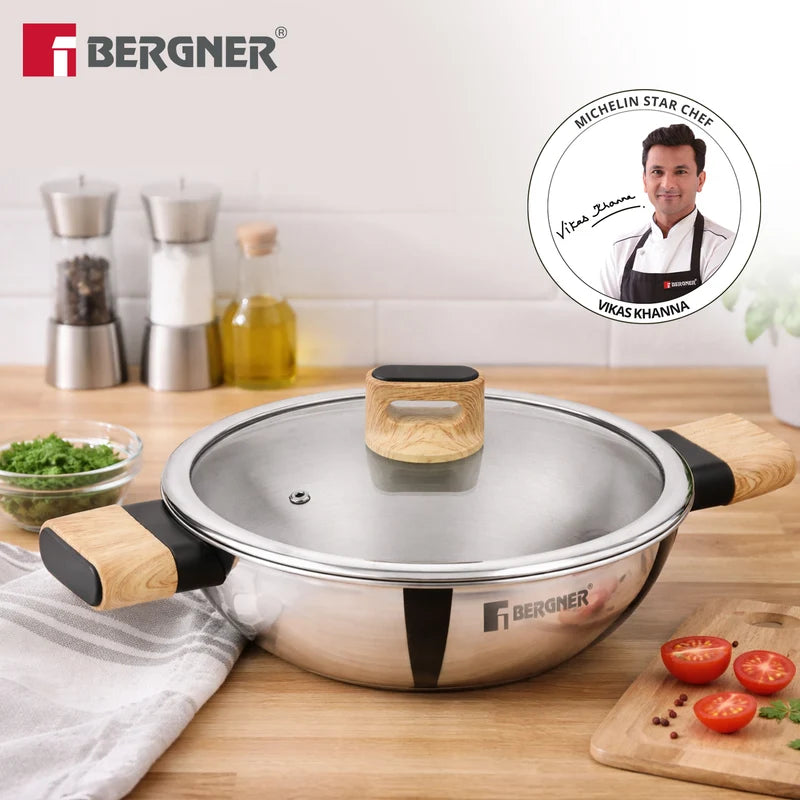 Bergner Tri-Oak Triply Stainless Steel Kadai with Glass Lid