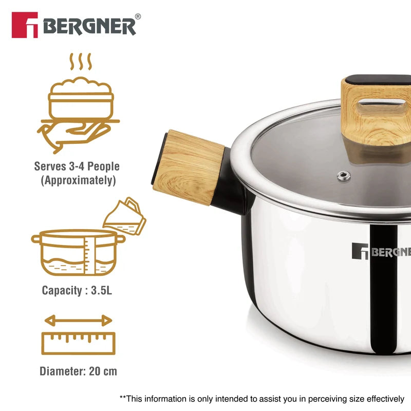 Bergner Tri-Oak Triply Stainless Steel Casserole with Glass Lid