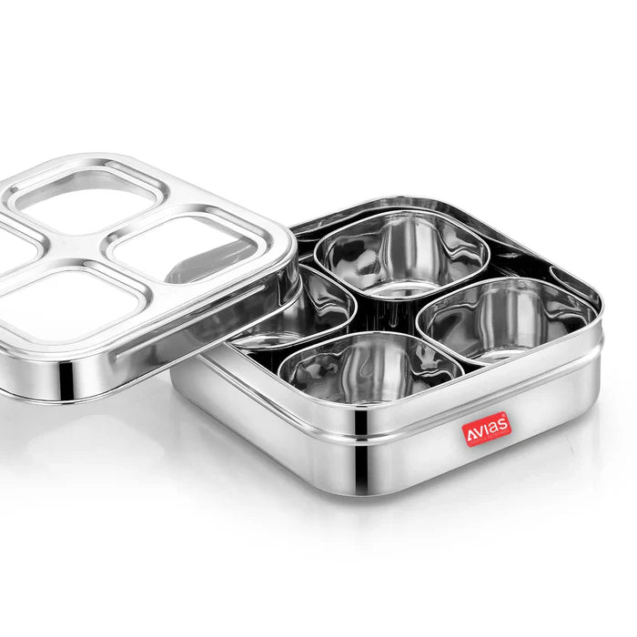 AVIAS 4 Square Stainless Steel Spice Box/ Dry Fruit Box (Design)