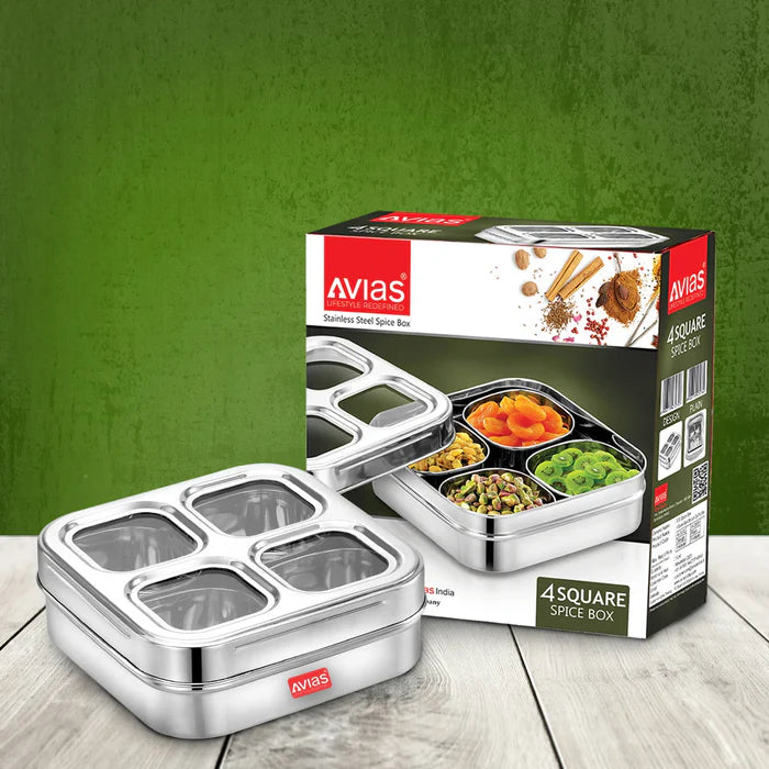 AVIAS 4 Square Stainless Steel Spice Box/ Dry Fruit Box (Design)