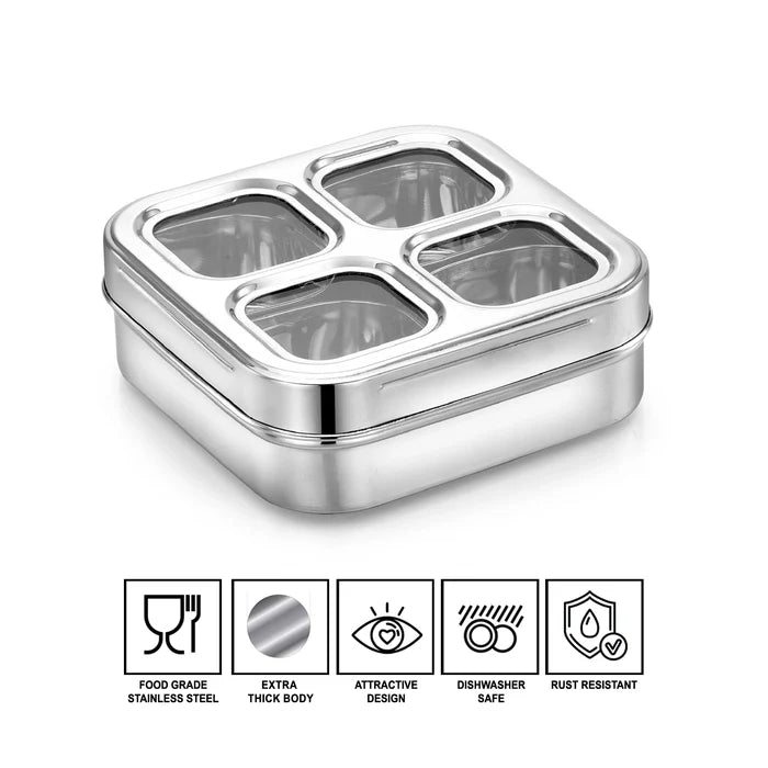 AVIAS 4 Square Stainless Steel Spice Box/ Dry Fruit Box (Design)