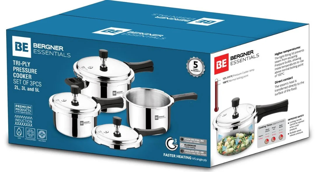 Bergner Tri-ply Pressure Cooker Set of 3 Pcs 2L, 3L and 5L
