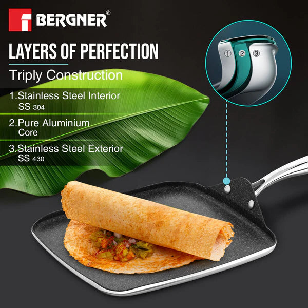 Bergner Argent Samsara Tri-Ply Stainless Steel 27cm Square Multi Tawa