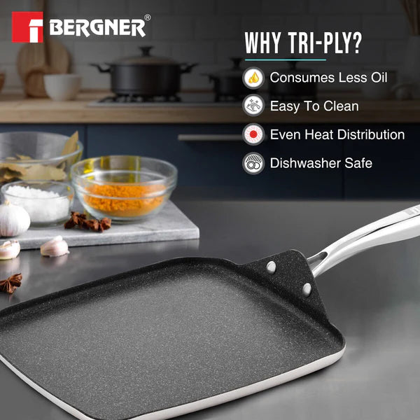 Bergner Argent Samsara Tri-Ply Stainless Steel 27cm Square Multi Tawa