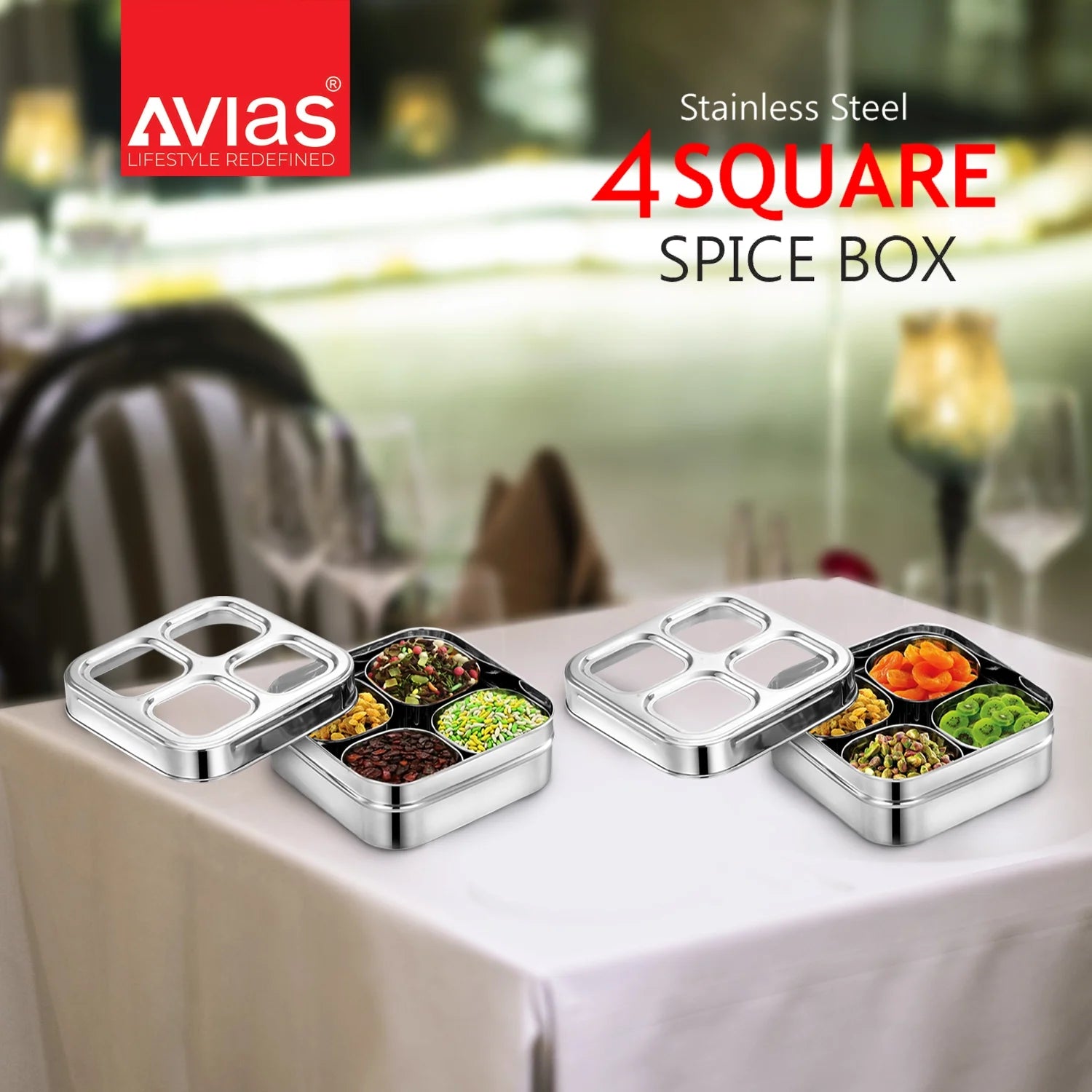 AVIAS 4 Square Stainless Steel Spice Box/ Dry Fruit Box (Design)