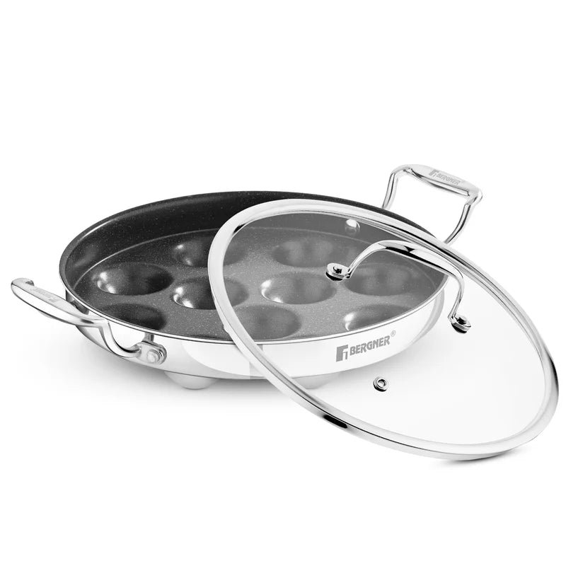 Bergner Argent Samsara Tri-Ply Stainless Steel Round Paniyarakkal with 11 Pits (25cm Diameter)