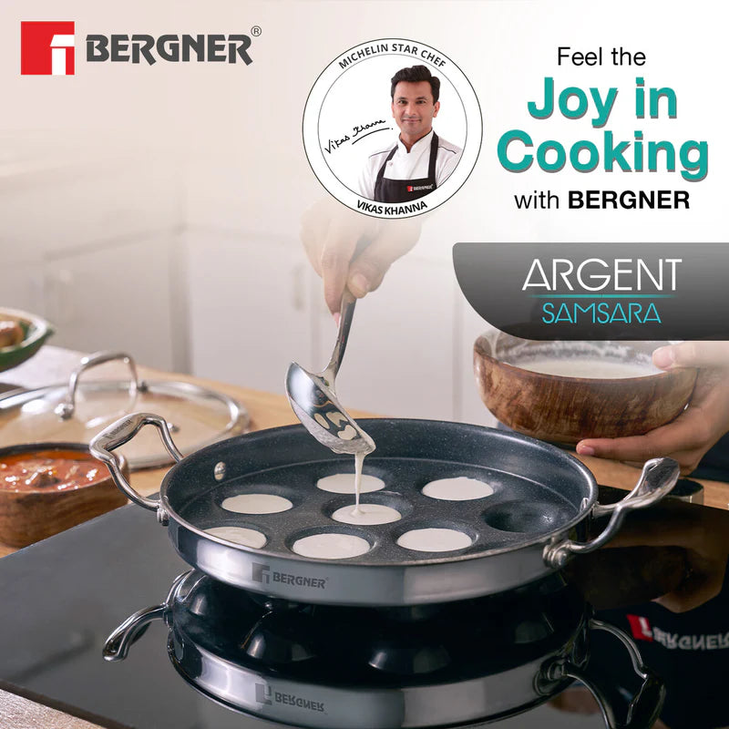 Bergner Argent Samsara Tri-Ply Stainless Steel Round Paniyarakkal with 11 Pits (25cm Diameter)