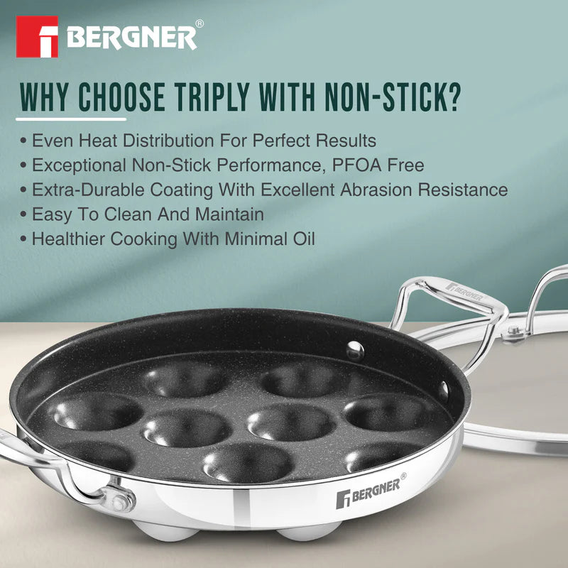 Bergner Argent Samsara Tri-Ply Stainless Steel Round Paniyarakkal with 11 Pits (25cm Diameter)