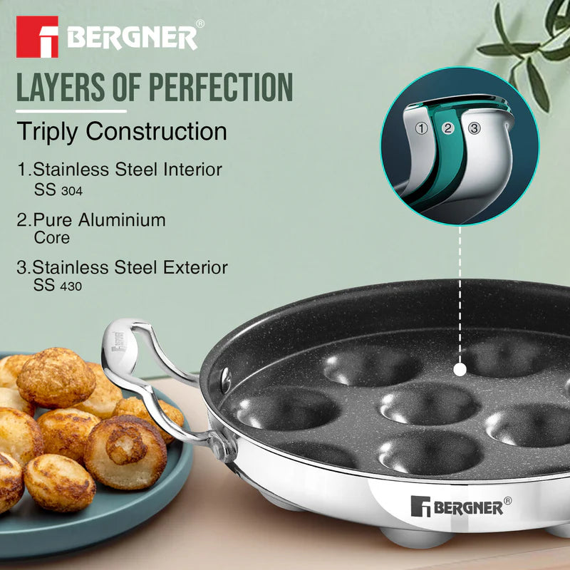 Bergner Argent Samsara Tri-Ply Stainless Steel Round Paniyarakkal with 11 Pits (25cm Diameter)