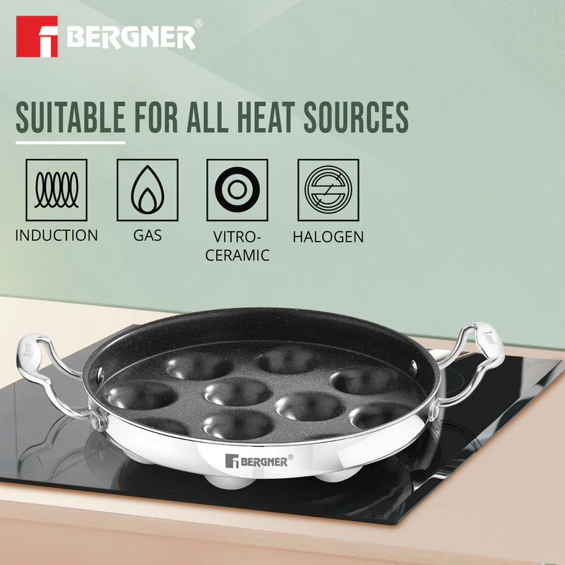 Bergner Argent Samsara Tri-Ply Stainless Steel Round Paniyarakkal with 11 Pits (25cm Diameter)