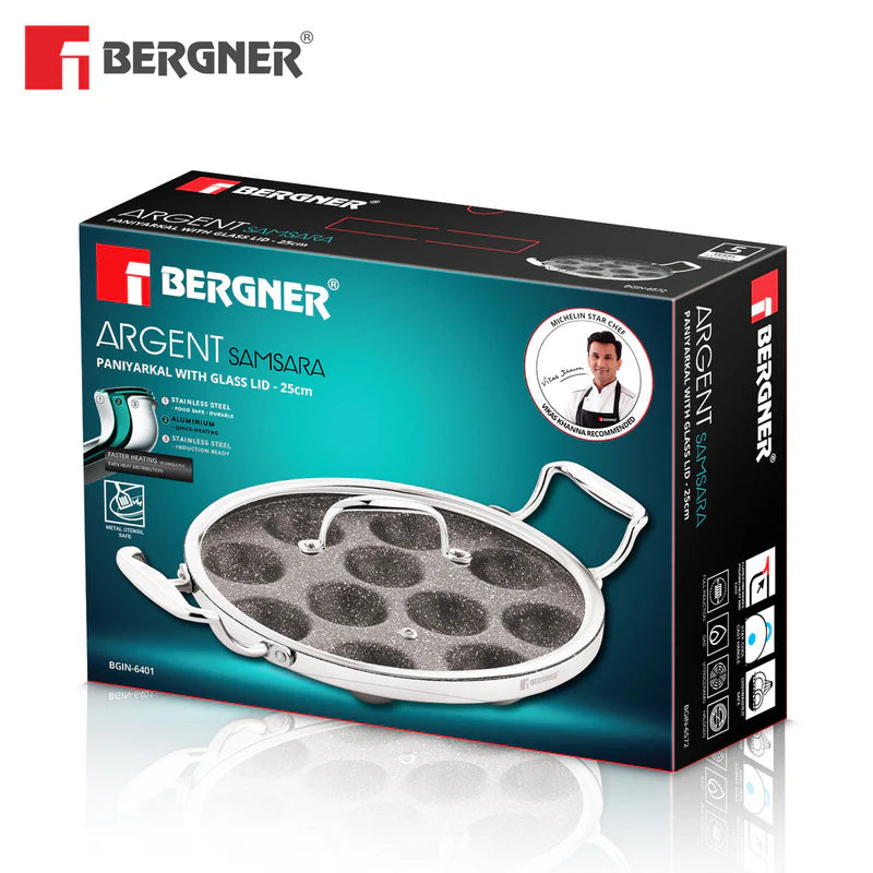 Bergner Argent Samsara Tri-Ply Stainless Steel Round Paniyarakkal with 11 Pits (25cm Diameter)